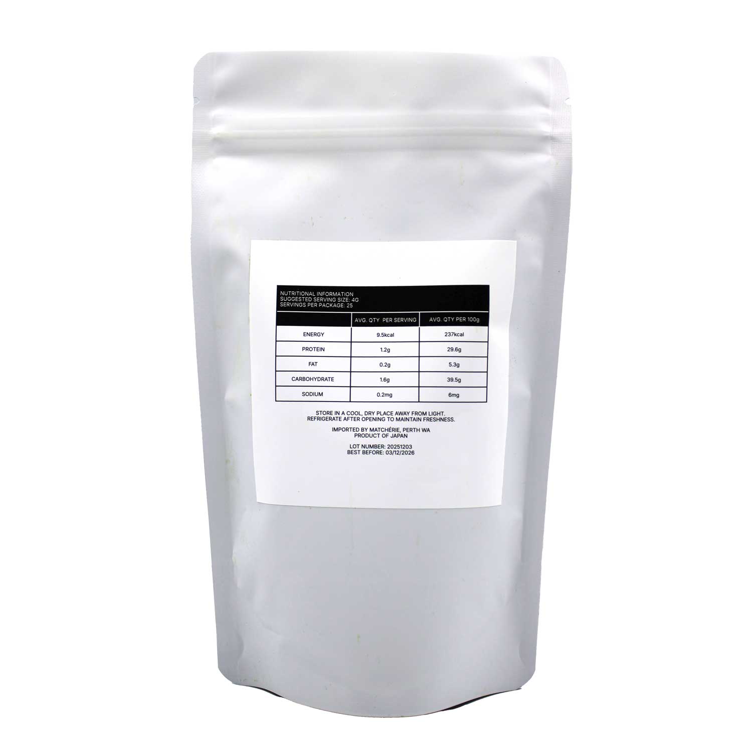 Matchérie Shinobi 100g First Harvest Ceremonial Grade Matcha Back of Bag Nutrition Information